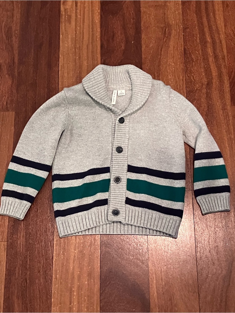 Janie and Jack Gray Shawl Collar Cardigan with Green and Navy Stripes